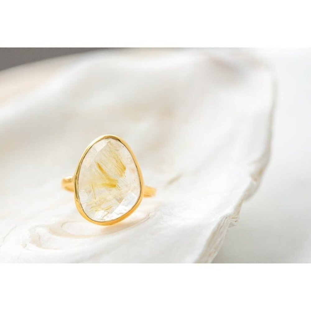 Gemstone Ring Golden Rutile Quartz Ring Statement Ring Gold Rutilated Quartz - Picture 2 of 13